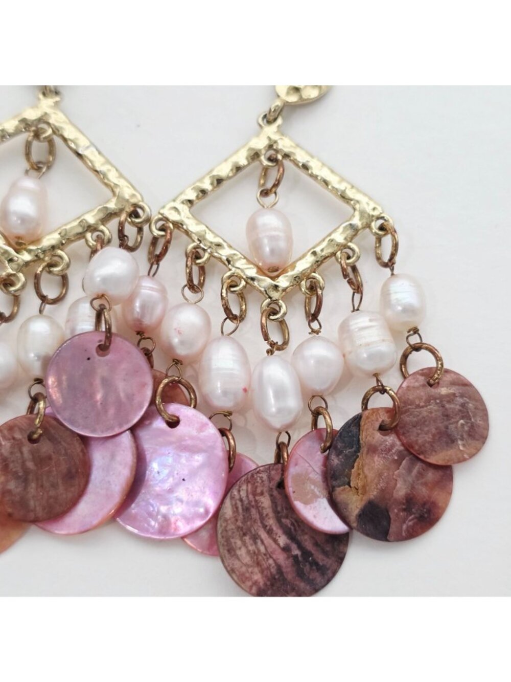 Pink & Gold Chandelier Earrings With Freshwater Pearls & Shell Discs 3" - Picture 4 of 7